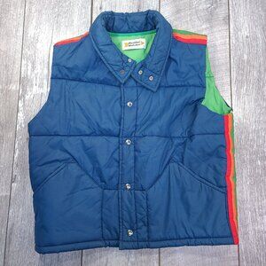 Vintage 70s Mens Multi Gillet Puffer Vest Size Large Blue Button Snap Pockets